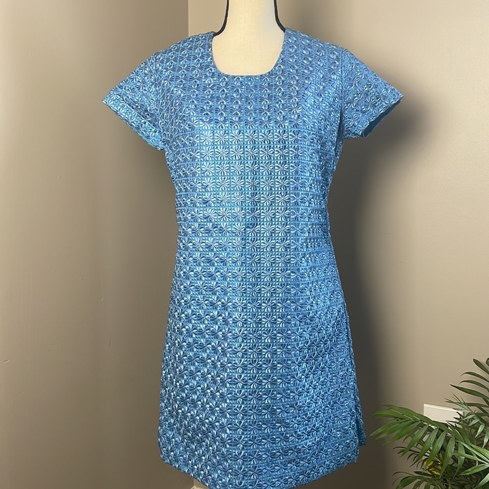 Vintage 6Os Homemade /Hand Tailored Blue Short Sleeve  Dress Size Small
